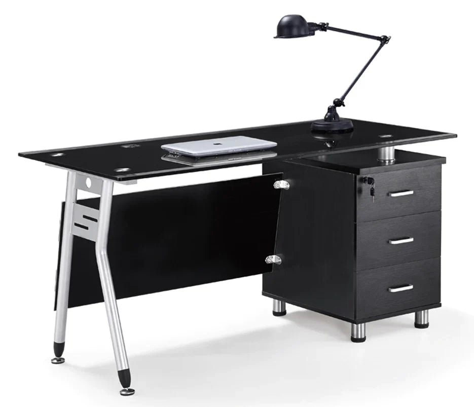 Escritorio SIT / 3 Cajones con Cerradura / Panel de Vidrio Color Negro / Metálico