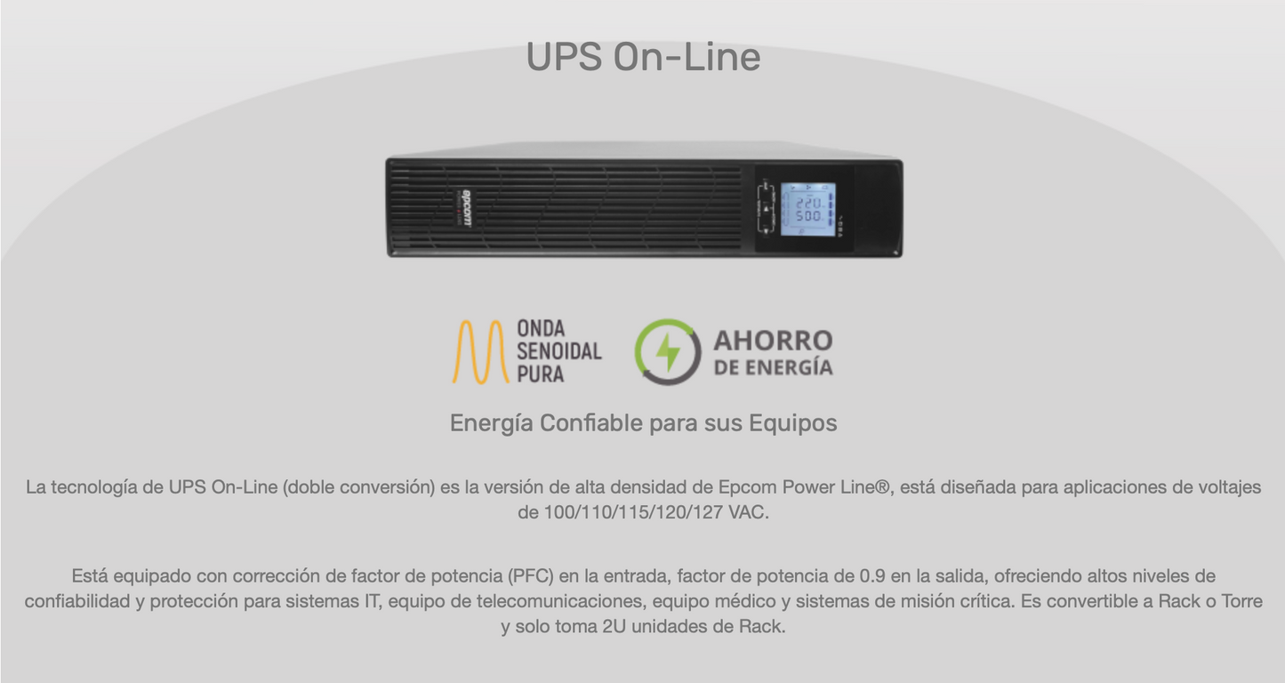 UPS de 1000VA/900W / Topología On-Line / 120 VCA / NEMA 5-15P / Pantalla LCD.