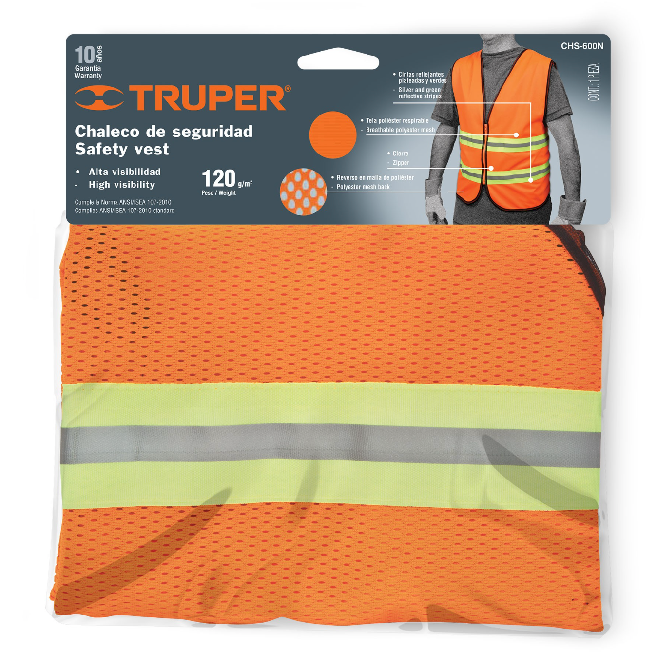 Chaleco Reflectivo Naranja con Cierre Truper CHS-600N.