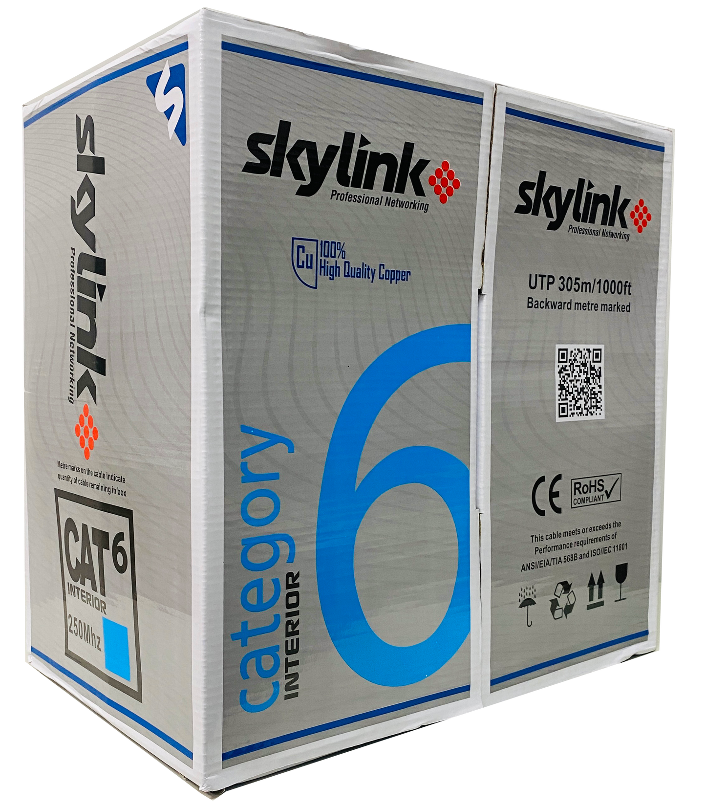 CABLE CAT6 100% COBRE SKYLINK UTP COLOR AZUL 1000 PIES POR ROLLO, INTERIOR, CERTIFICADO RoHS, CCE