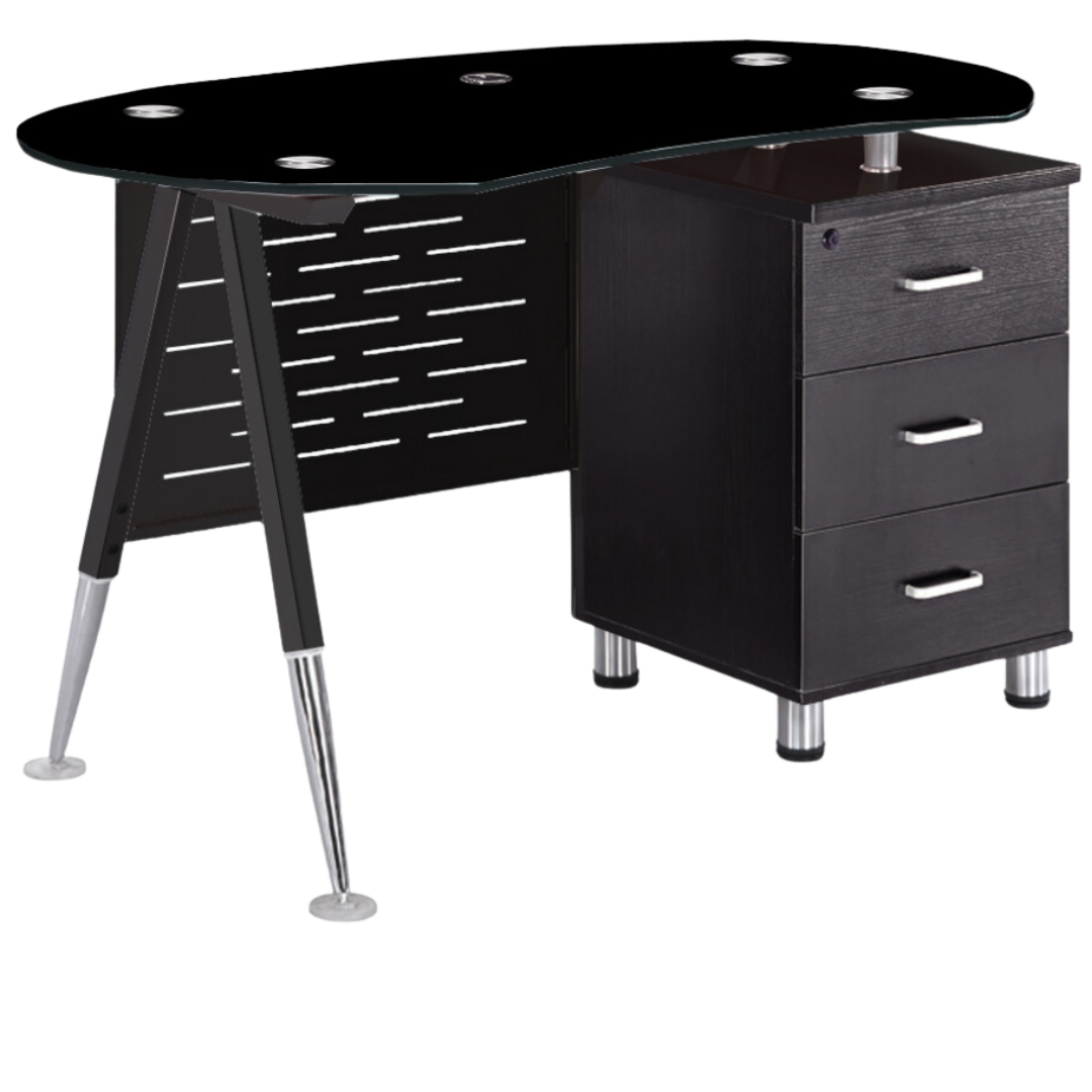 ESCRITORIO SIT COLOR NEGRO, BASE OVALADA, 3 CAJONES, BASE DE VIDRIO, W120cm x D70cm x H75cm