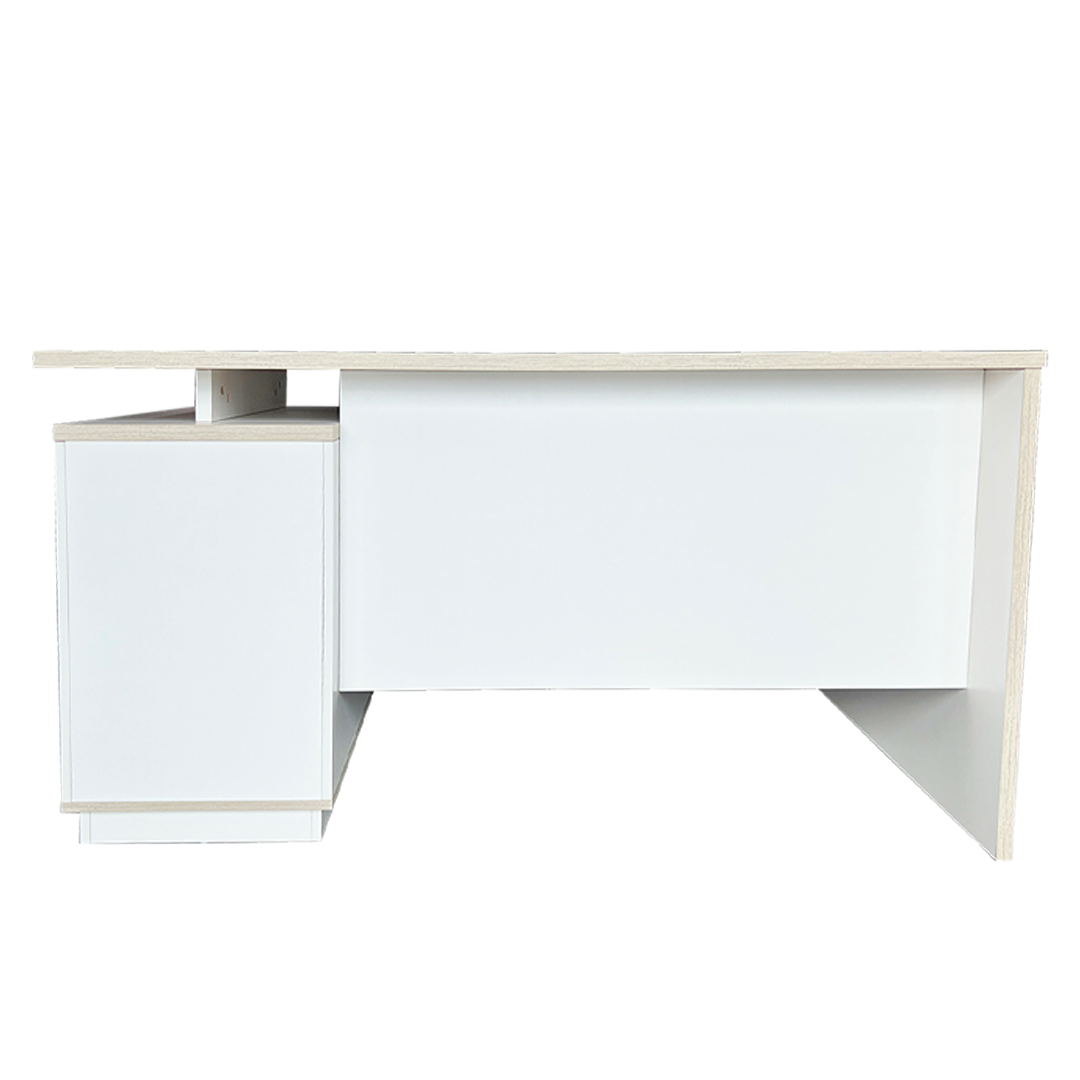 ESCRITORIO SIT BASE DE METAL, 3 CAJONES, PANEL CON GESTION DE CABLE, COLOR MARRON CLARO + BLANCO