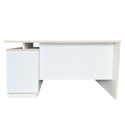 ESCRITORIO SIT BASE DE METAL, 3 CAJONES, PANEL CON GESTION DE CABLE, COLOR MARRON CLARO + BLANCO