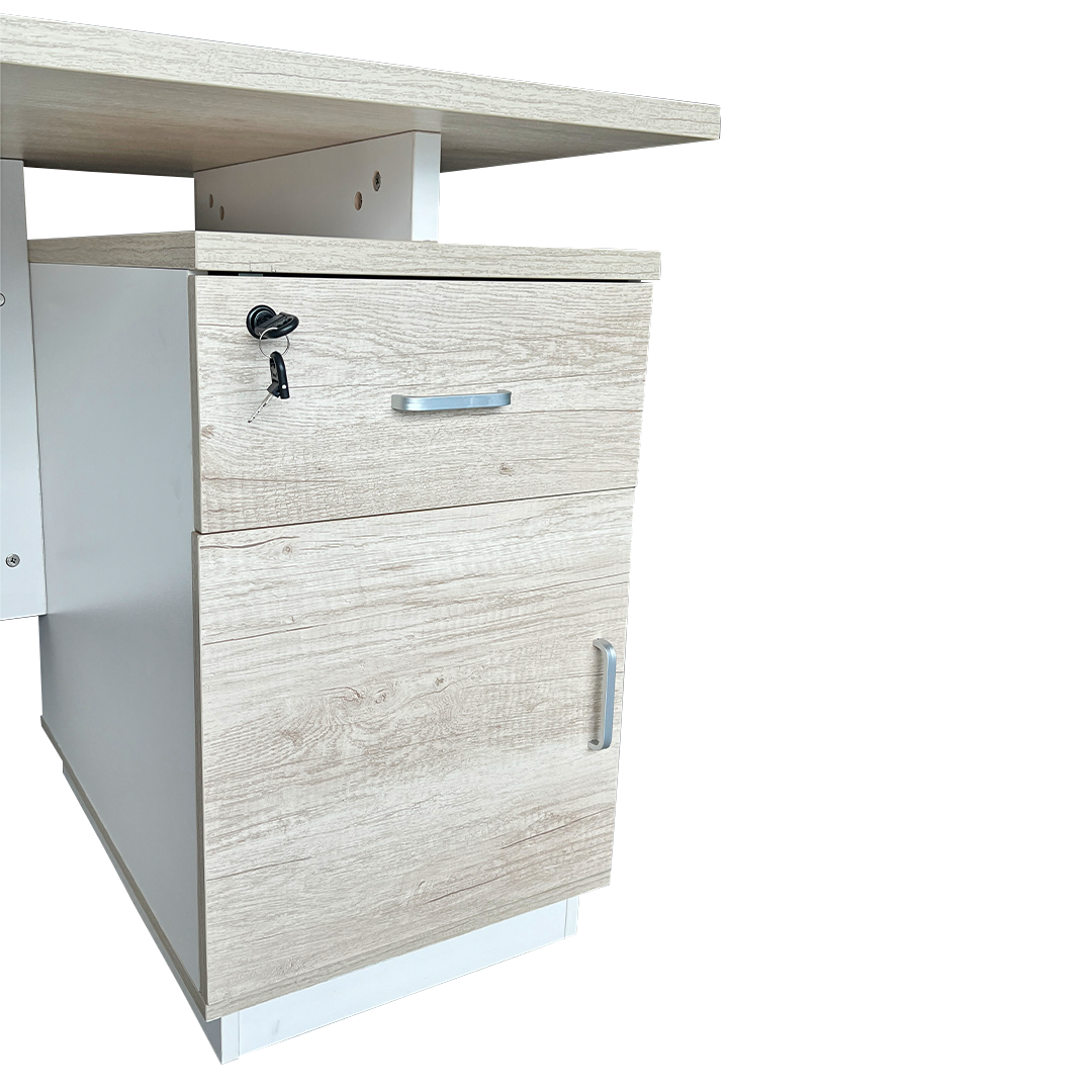 ESCRITORIO SIT BASE DE METAL, 3 CAJONES, PANEL CON GESTION DE CABLE, COLOR MARRON CLARO + BLANCO