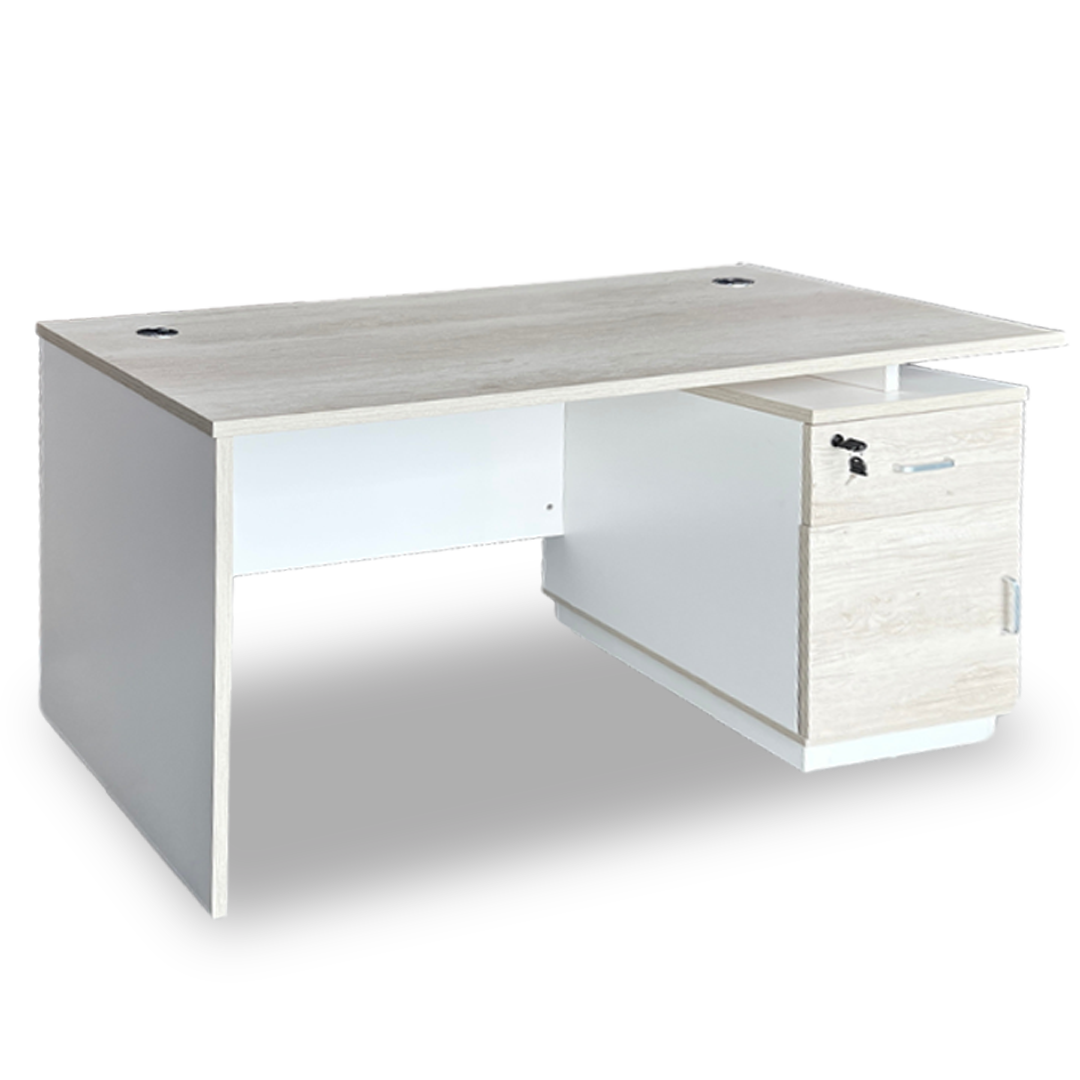 ESCRITORIO SIT BASE DE METAL, 3 CAJONES, PANEL CON GESTION DE CABLE, COLOR MARRON CLARO + BLANCO