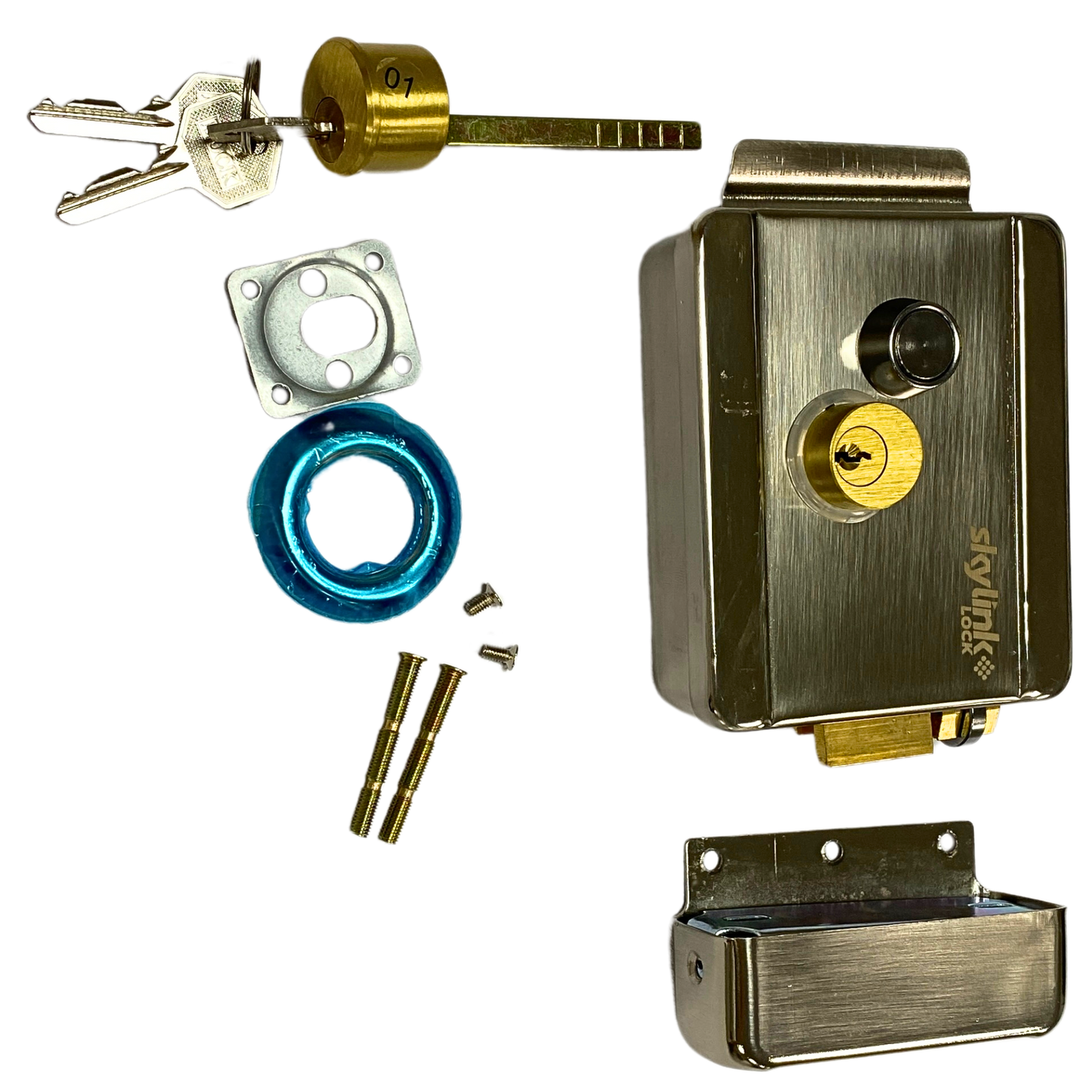CERRADURA ELECTRICA SKYLINK CON BOTON DE SALIDA, INCLUYE LLAVE, EXTERIOR, IZQUIERDA Y DERECHA