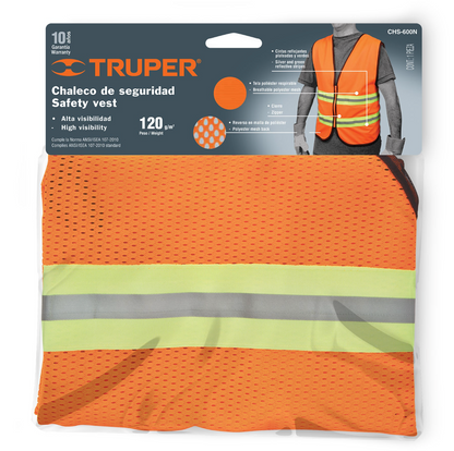 Chaleco Reflectivo Naranja con Cierre Truper CHS-600N.