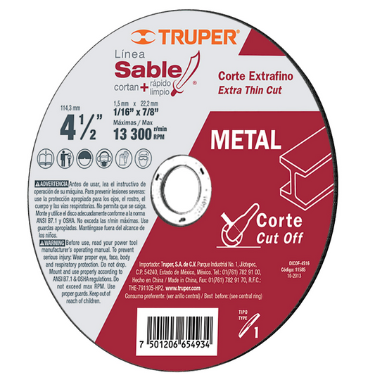 Disco de Corte para Metal Truper / 1 mm, 4 1/2 pulg.