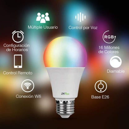 BOMBILLO ZKTECO LED RBG INTELIGENTE WIFI, MULTICOLOR, COMPATIBLE CON ALEXA Y GOOGLE