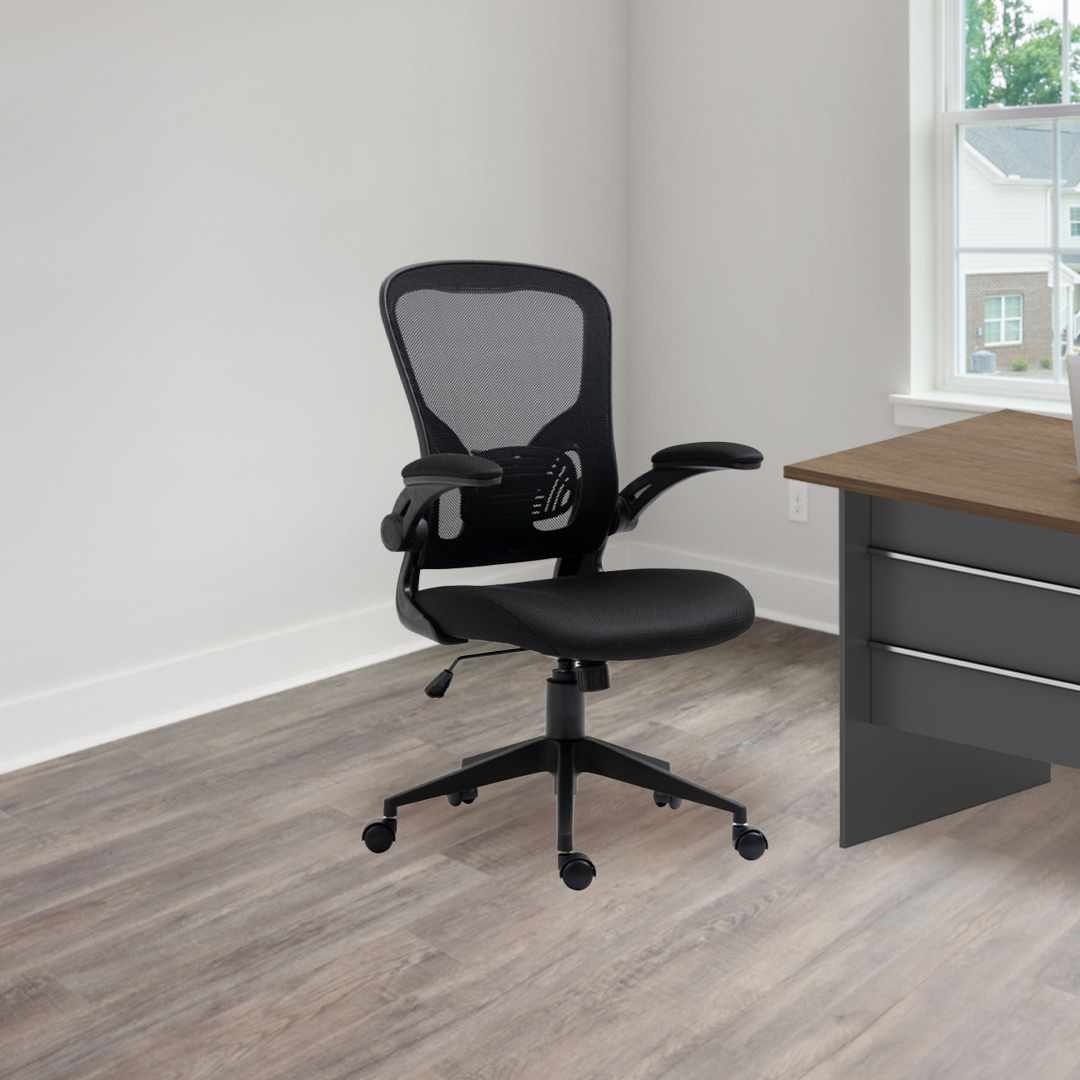 Silla de oficina respaldar medio SIT,superficie de nylon negro Reposabrazos ajustables y puma lumbar
