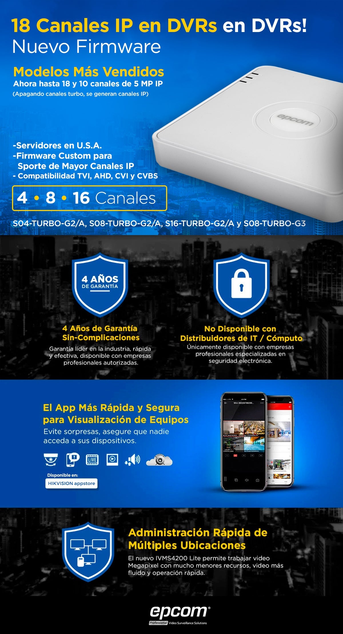 DVR Epcom de 8 Canales 1080p + 2 Canales IP / Audio por Coaxitrón.