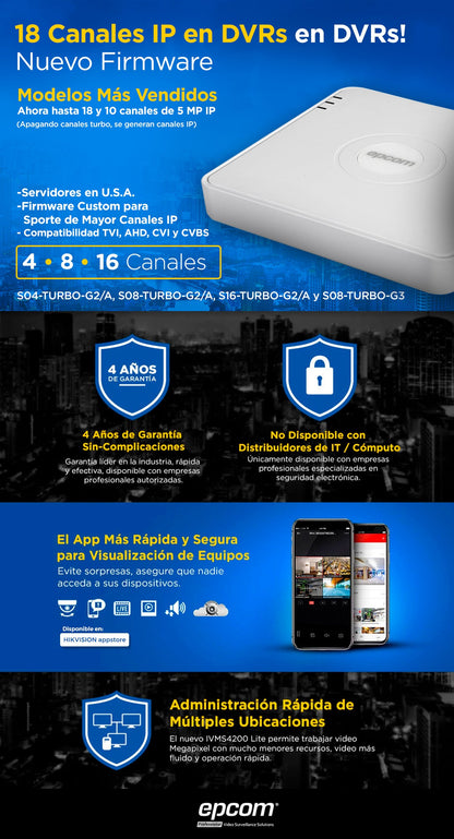DVR Epcom de 8 Canales 1080p + 2 Canales IP / Audio por Coaxitrón.